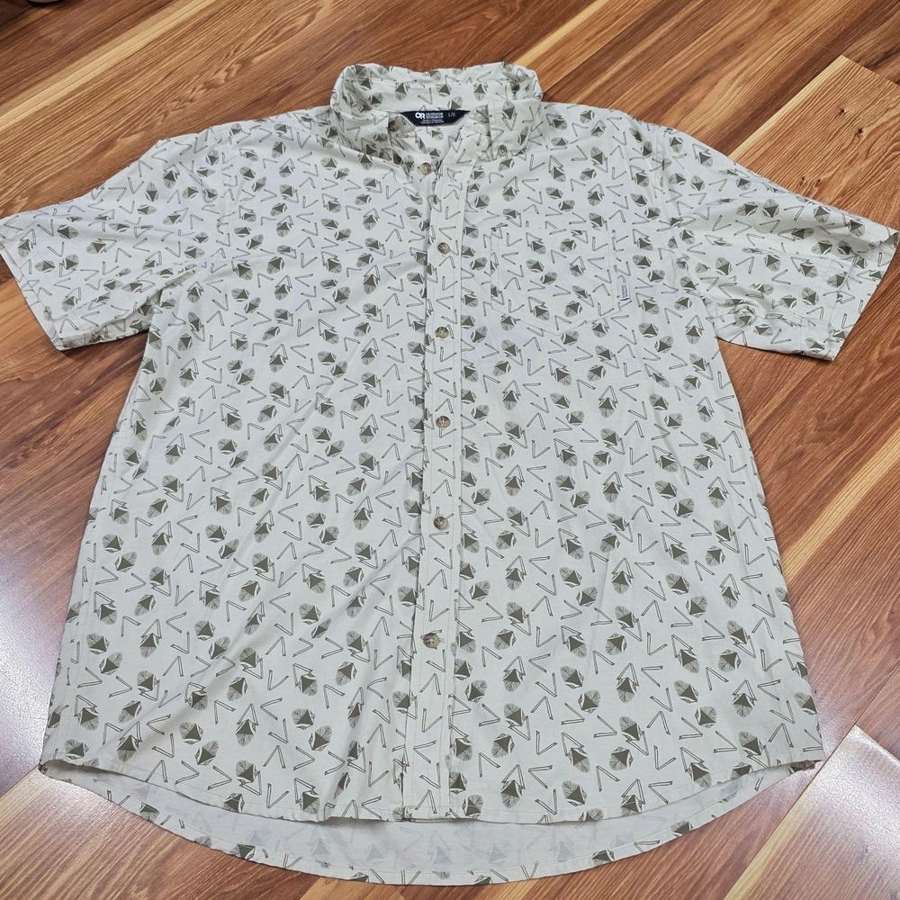 Outdoor Research Janju Shirt Mens Large Beige Graphic Short Sleeve Button Up